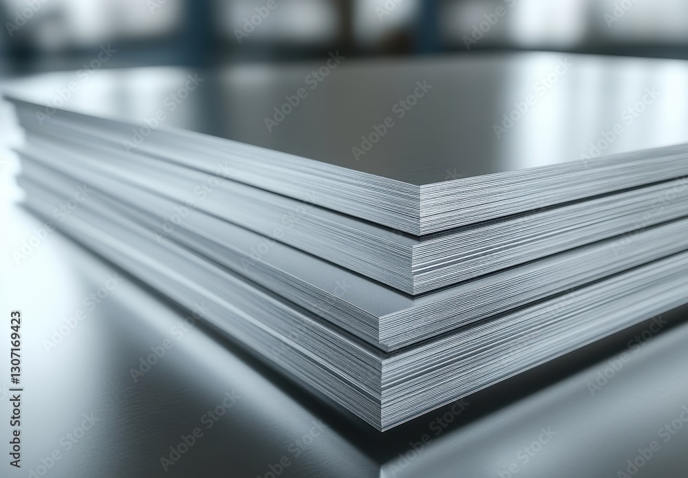 Poster close-up view of stack of silver metal sheets on reflective surface in brightly lit industrial envir