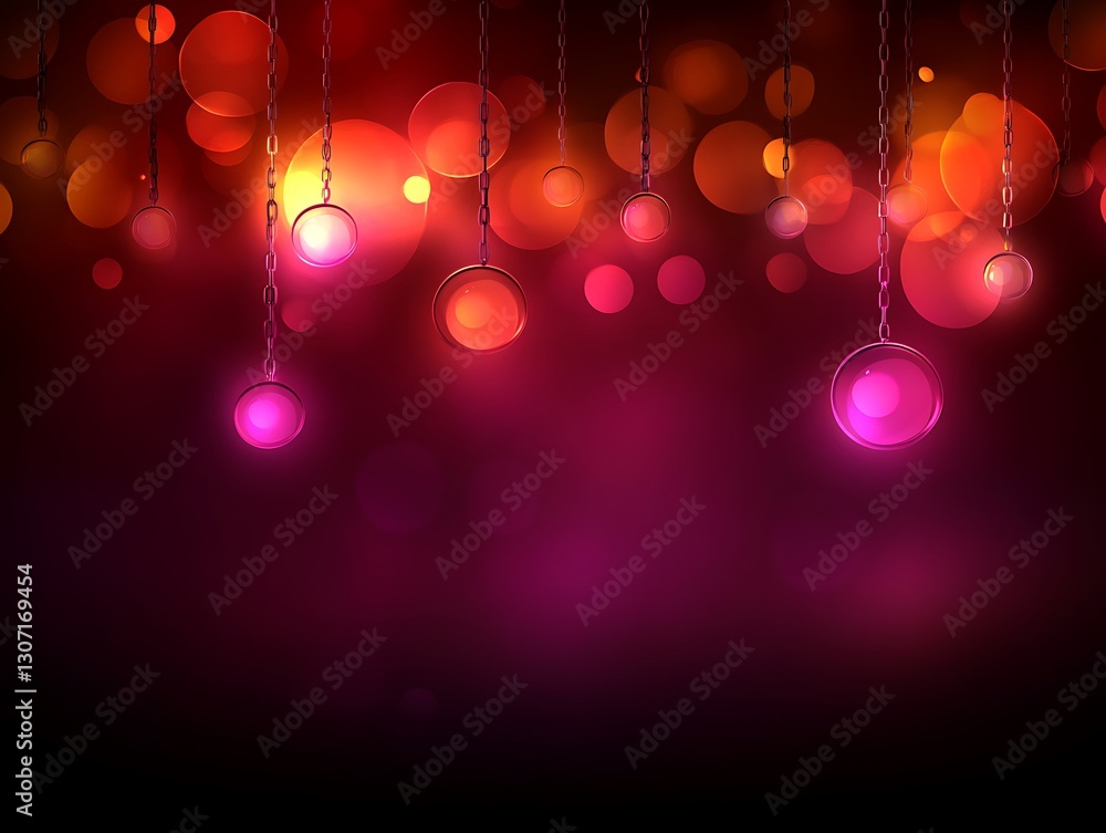 Poster enchanting spheres and chains glowing in abstract bokeh light display
