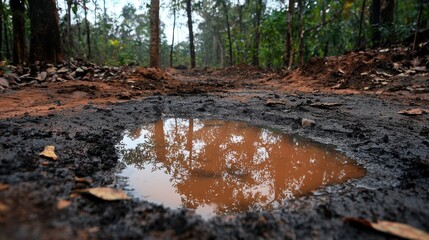 Reflection of Trees in a Waterlogged Puddle on a Forest Ground Surrounded by Leaves and Nature's Rich Colors in a Serene Environment
