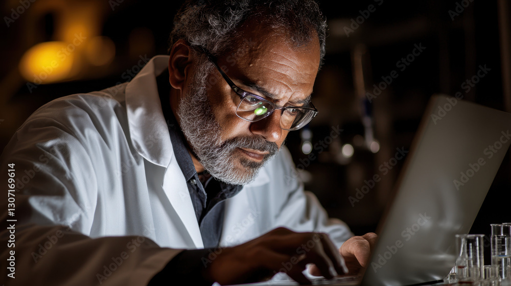 Poster a male scientist in a white lab coat focuses intently on his laptop while analyzing data in a dimly 