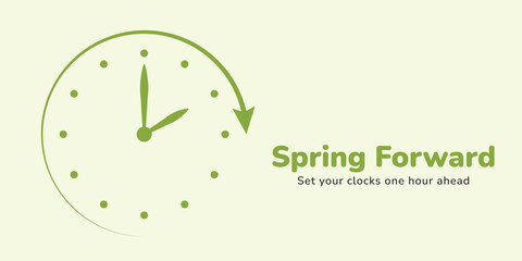 Spring Forward. Daylight Saving Time Start banner with clocks turning forward one hour. Vector illustration