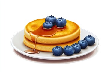 Fluffy pancakes with maple syrup and fresh blueberries isolated on white background 
