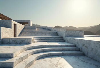 広大な空き地にある建築的な大理石の階段：自然の風景の中に大理石の階段を配したコンセプトデザイン。デザインのインスピレーションやアートに最適です。

