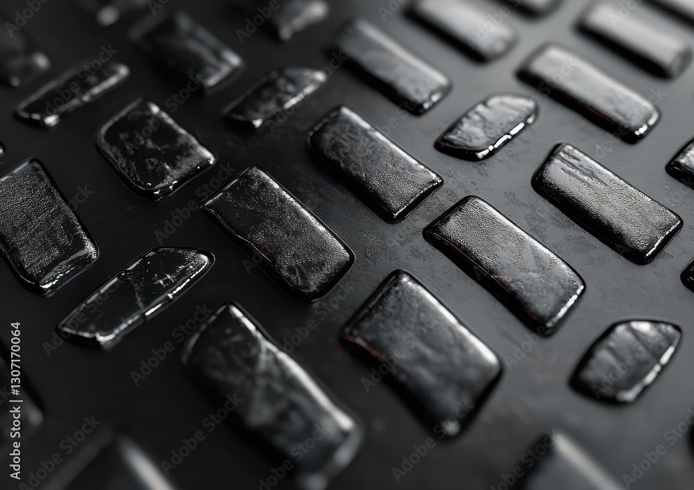 Poster close-up view of textured black surface with shiny rectangular elements reflecting light in dramatic