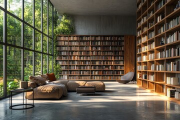 Personal library with big bookcase and concrete floor. AI generated illustration.