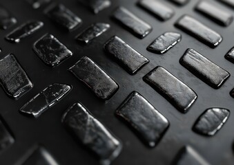 Close-up view of textured black surface with shiny rectangular elements reflecting light in dramatic patterns for creative backgrounds and design projects