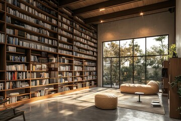 Personal library with big bookcase and concrete floor. AI generated illustration.
