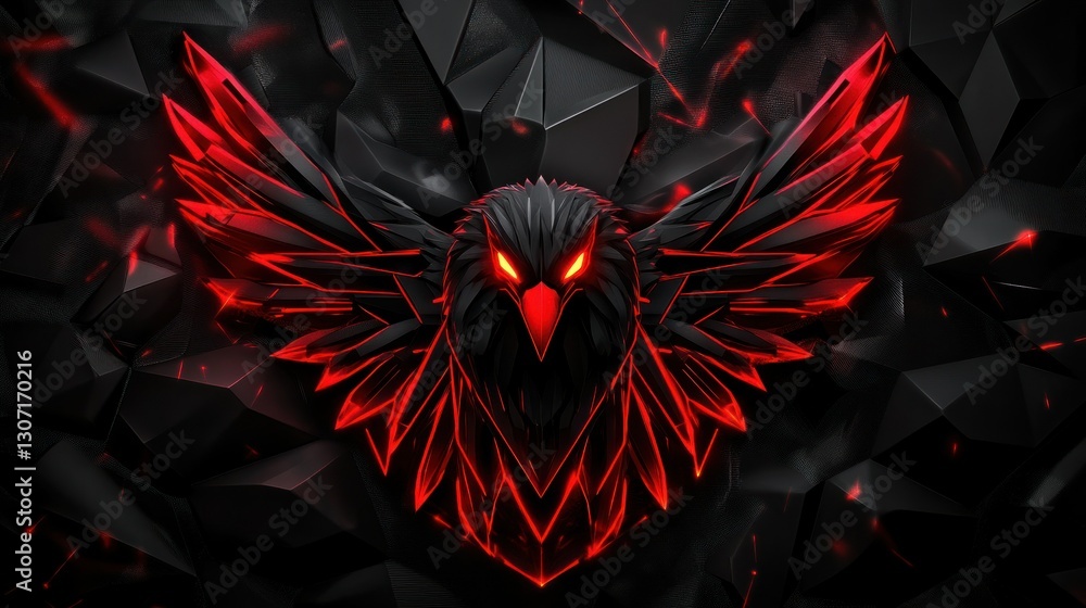 Poster abstract black and red raven design with sharp geometric shapes and glowing eyes in a dark backgroun
