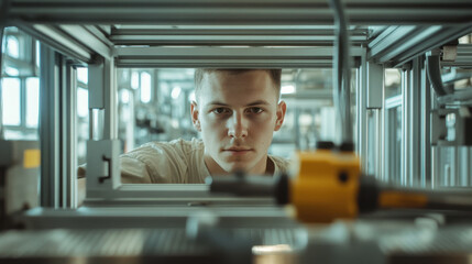 A young man with short hair and brown eyes intently works on assembling machinery in a well-lit industrial location, surrounded by equipment