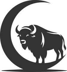 Buffalo standing against a crescent moon animal vector silhouette