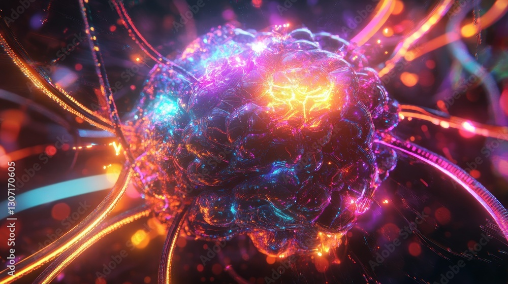 Poster abstract representation of a glowing neural network with vibrant colors and intricate connections