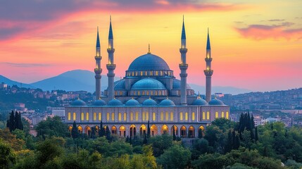 Obraz premium Majestic Sunset over the Camlica Mosque in Istanbul, Turkey