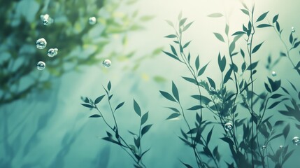 plants, line-art, close-up, underwater background, soft floating plant leaves, subtle light play with bubbles and reflections.