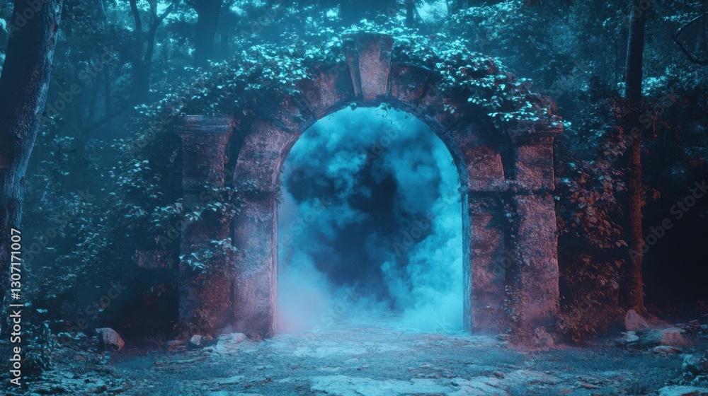 Poster ancient mystical stone portal gateway to another dimension with bioluminescent vines and ethereal li