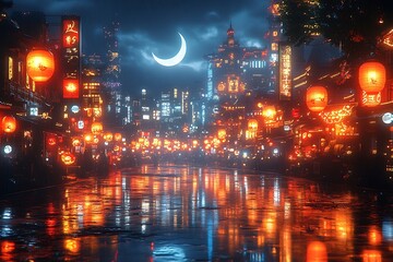 Fototapeta premium Illuminated City Street with Red Lanterns and Crescent Moon at Night