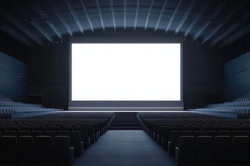 Obraz premium Perspective view on big blank white illuminated screen in empty huge hall. AI generated illustration.