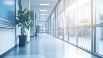 Fototapeta premium Bright and modern hospital corridor with panoramic windows and soft lighting. Spacious medical hallway with a light blue color palette, abstract blurred background, and ample copy space for healthcare