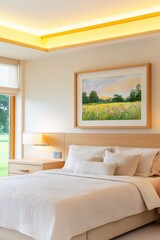 Eco modern bedroom, linen bed, wooden nightstands, fabric roman blinds, framed pastel meadow painting, soft lighting, evening glow