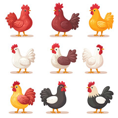 Cartoon illustration of colorful variety of chickens and roosters