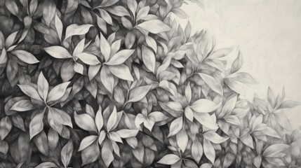 plants, pencil sketch, top view, forest background, natural flow of leaves blending with trees, detailed shading and texture.