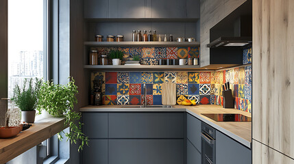 home interior lifestyle with compact modern gray kitchen colorful tile backsplash wooden accents stylish apartment design cozy cooking space and contemporary renovation inspiration