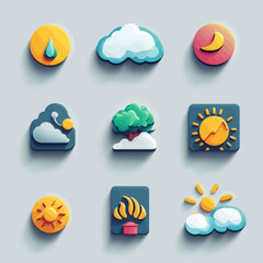 Weather Icon Set with Sun, Clouds, Raindrop, Moon, Tree, and Thermostat