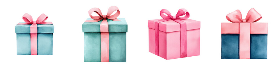 Obraz premium A collection of beautifully wrapped gift boxes in various pastel colors such as pink and blue with elegant satin bows representing occasions and the joy of gift giving
