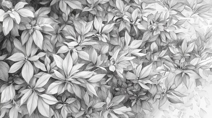 plants, pencil sketch, top view, forest background, natural flow of leaves blending with trees, detailed shading and texture.