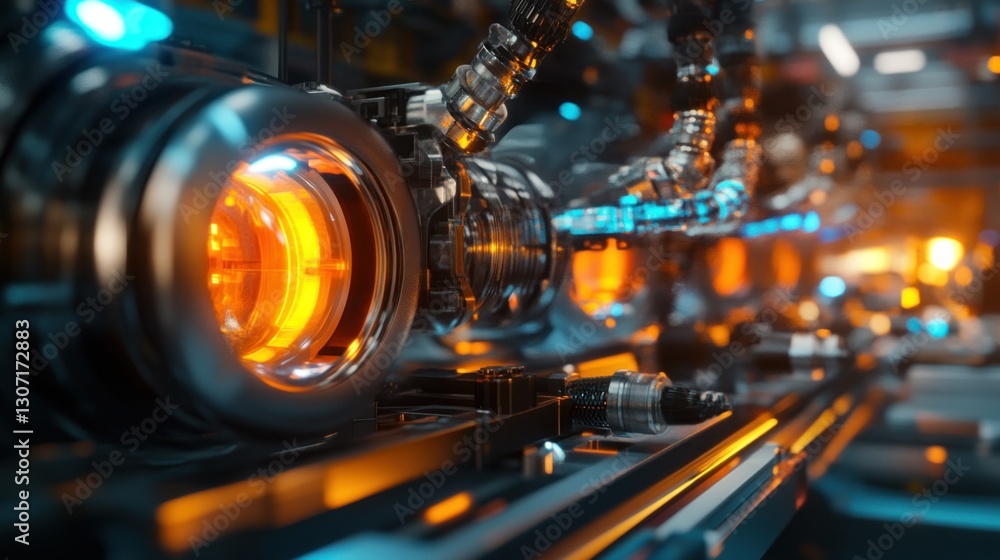 Poster close-up view of advanced machinery with glowing components in a high-tech environment