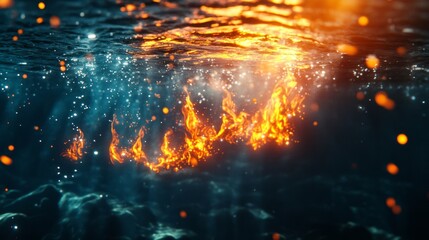 fire, line-art, close-up, underwater background, fire flickering with glowing embers underwater, dramatic contrast between fire and water.