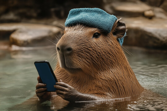 A capybara relaxing in a hot spring, wearing a blue towel on its head and holding a smart phone with both hands
