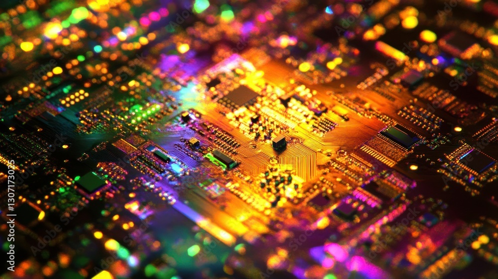 Poster close-up view of a vibrant, illuminated circuit board showcasing intricate electronic components