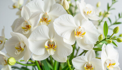 Obraz premium Exquisite white orchids bouquet in soft lighting, luxury floral design