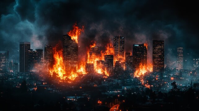 fire, line-art, macro, cityscape background, bright fire contrasting against the night skyline, soft smoke blending with the city lights.