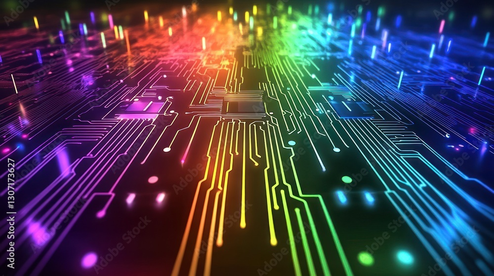 Poster colorful abstract representation of a digital circuit board with vibrant lights and patterns