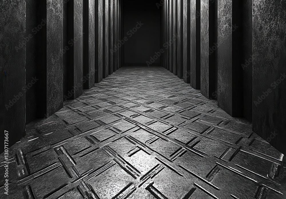 Poster dark abstract passageway with textured floor and vertical columns in black and gray tones, capturing
