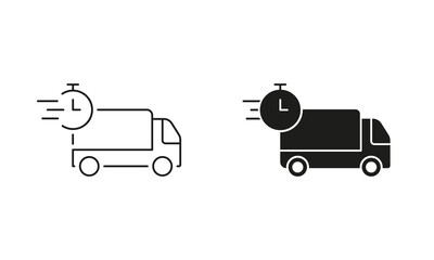 Fast Shipping Service Line and Silhouette Icon Set. Delivery Time Pictogram. Express Shipment Symbol. Editable Stroke. Isolated Vector Illustration