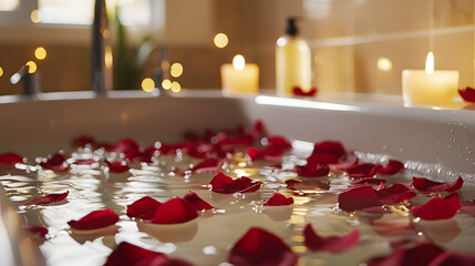 A bathtub filled with rose petals and lit candles