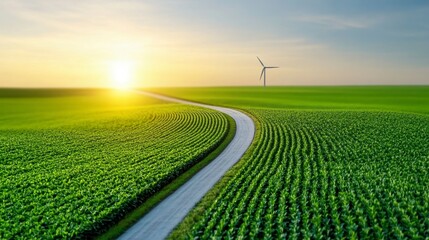 Sunrise over a lush green field with a winding dirt road leading towards a distant wind turbine. Warm golden light bathes the landscape.