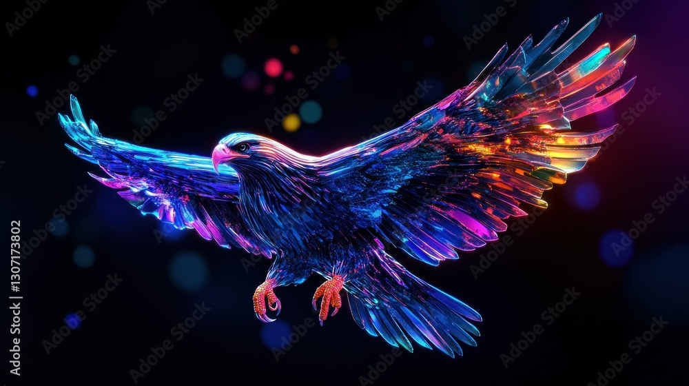 Poster colorful abstract representation of an eagle in flight with vibrant bokeh background effects