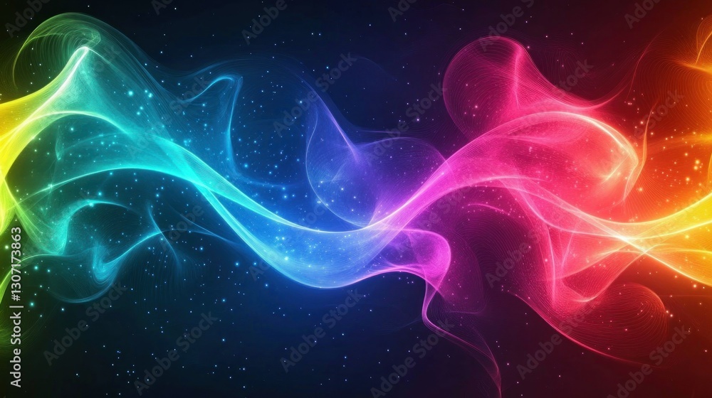 Poster colorful abstract waves of light flowing through a dark background with sparkling effects