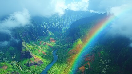 Fototapeta premium Hawaiian Valley Rainbow Aerial View