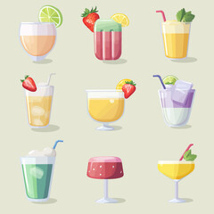 Colorful summer cocktails and drinks with fruit garnish vector illustration