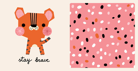 Cute kid tiger seamless pattern animal safari abstract minimalistic simple background wallpaper scandinavian polka dot illustration.  © Alina Nikitaeva