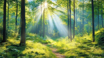 Fototapeta premium A serene forest scene illuminated by sunlight filtering through trees, casting vibrant rays on a lush, green path.