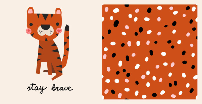 Cute kid tiger seamless pattern animal safari abstract minimalistic simple background wallpaper scandinavian polka dot illustration. 