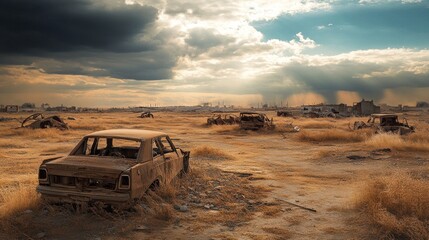 post-apocalyptic wasteland with scattered ruins, barren land, cracked earth, dusty winds, dark skies, abandoned vehicles, dystopian landscape
