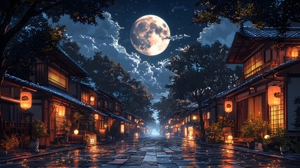 A beautiful night scene in a japanese town with full moon