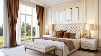 Luxurious neoclassical bedroom, golden walls, high headboard, terracotta satin pillows, sunset park view