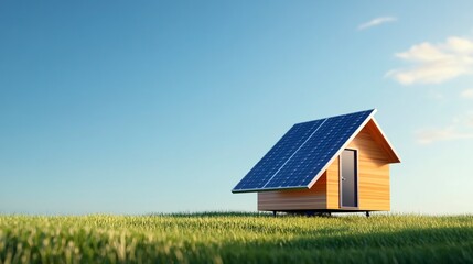 Small wooden cabin with solar panels on the roof sits in a grassy field under a clear blue sky. Sustainable living, eco friendly home.
